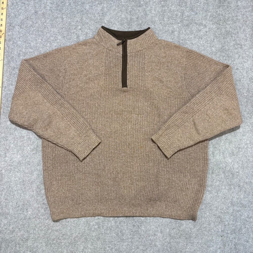 LL Bean Merino Lambswool Quarter Zip Sweater Mens Large Tan Ribbed Knit Pullover